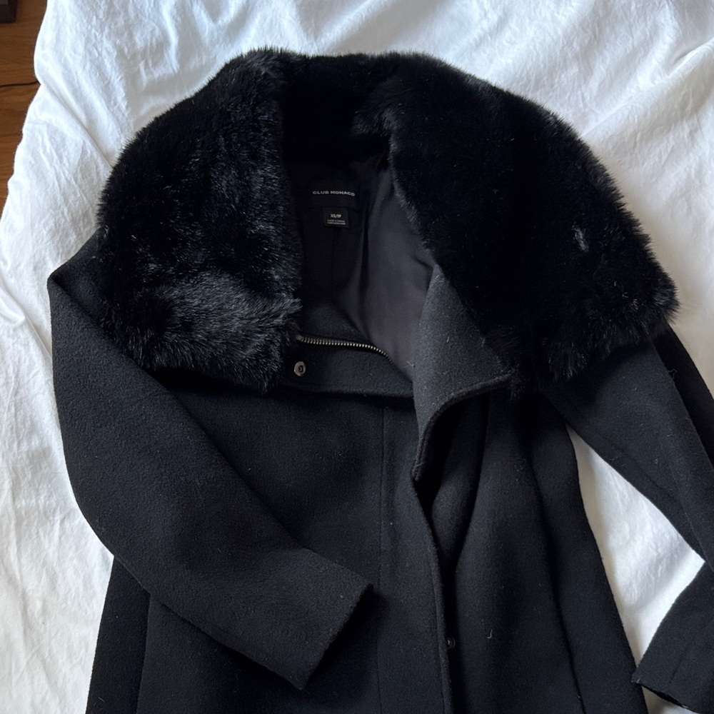 Club Monaco Black Pea Coat with Faux Fur Collar